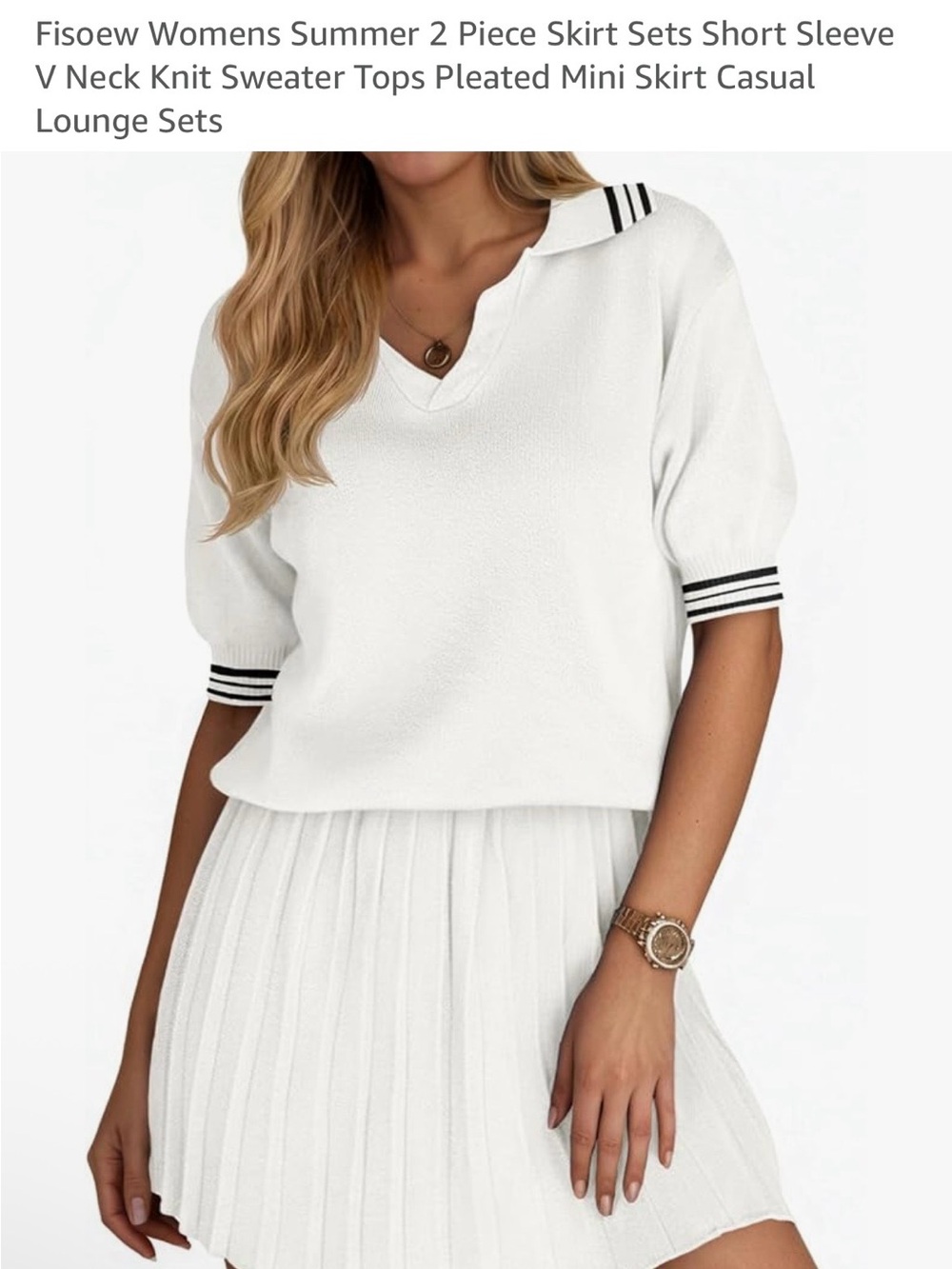 Amazon White Mini Skirt Two-Piece Set with Black Stripe Trim